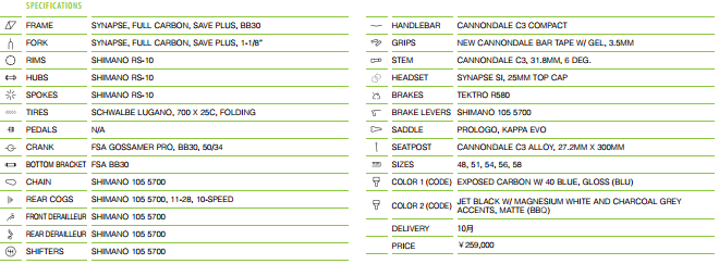 キャノンデール SYNAPSE CARBON(キャノンデール シナプスカーボン) Tiagra完成車 スペック