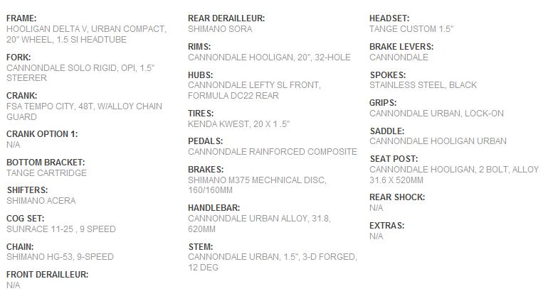 CANNONDALE HOOLIGAN2 スペック