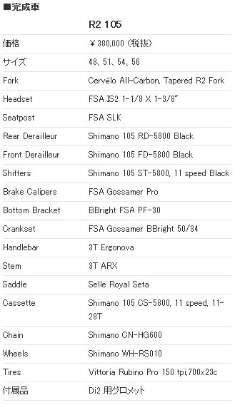 CERVELO R2(サーベロ アールツー) スペック